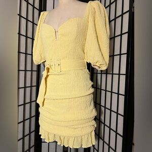 Yellow Textured Puff-Sleeve Belted Midi Dress
